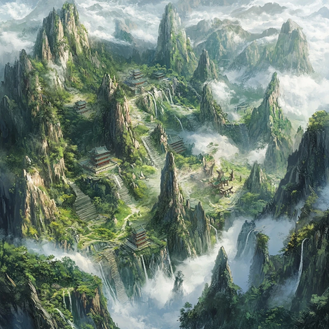 云雾缭绕的山间古建群壮观全景