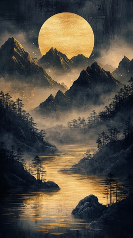 墨色山水金河云雾