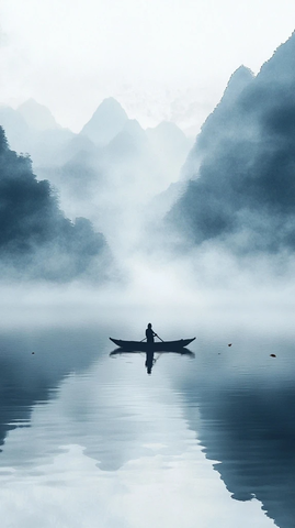 孤舟漂浮雾中河面