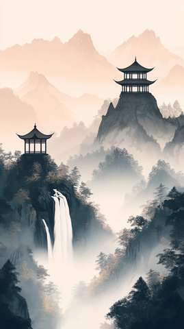 山巅亭阁瀑布山水画