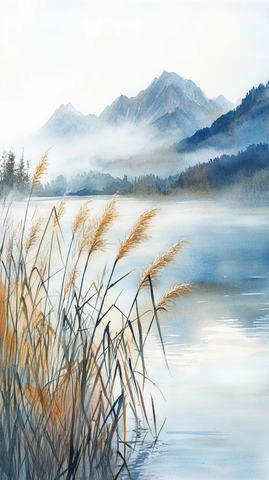 秋日河畔芦苇露珠远山