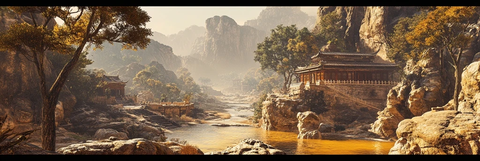 山间溪流处的古建筑风景