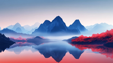 山水树木晨光浮云