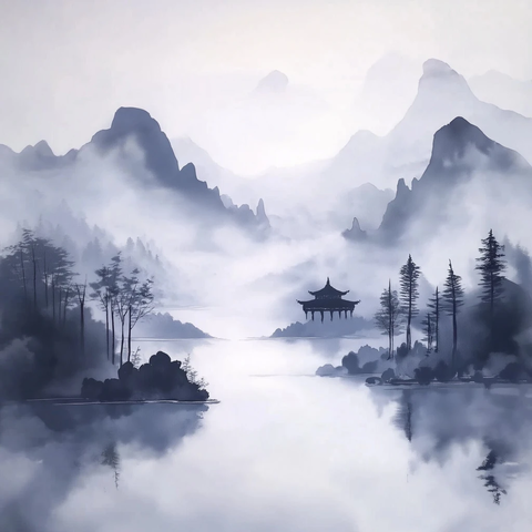 水墨山水画灰蓝色调