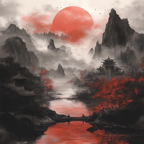 山水墨画红黑调