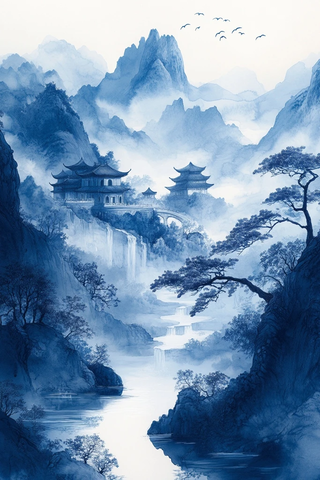 山水画卷与蓝白陶瓷纹饰