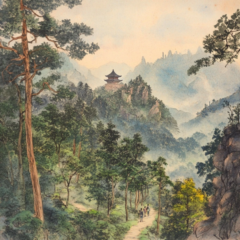 山林间小径有人漫步的自然景观