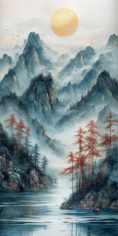 红枫山河湖月图