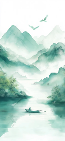 山水画河流渔船春景