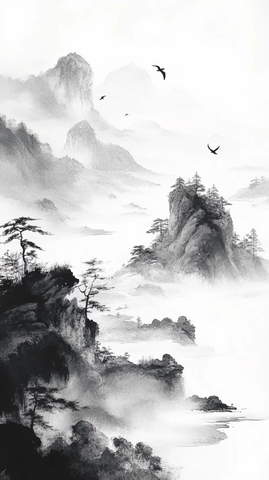 山水墨画线条简约