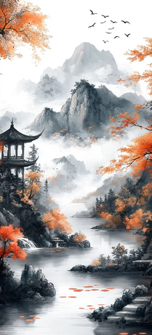 山水竹影水墨画