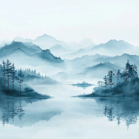 轻透蓝丝墨景画