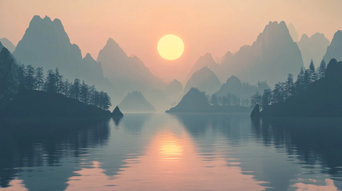 日出山脉水影轮廓