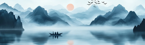 山水船影飞鸟斜阳