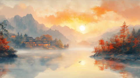 秋雨后古湖小城晚霞