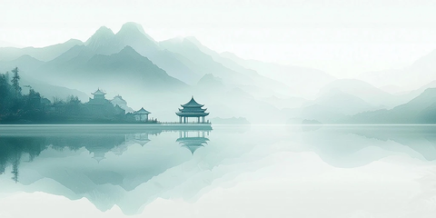 白水远山轻雾庭院