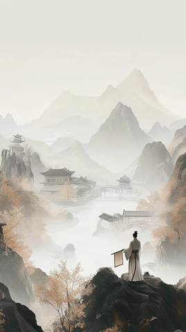 古风山水画中汉服老者与古建筑