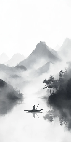 渔夫墨绘山水和谐图