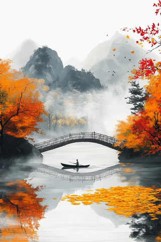 小桥流水船行秋山叶彩