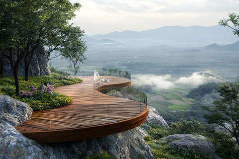 山间悬空木质观景台风景优美视野开阔