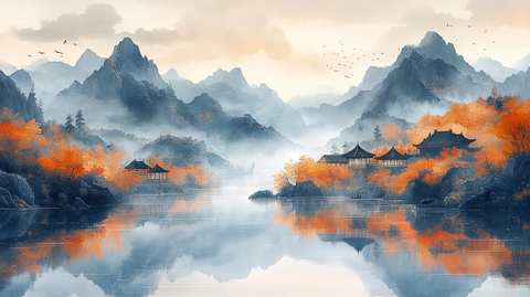 山水画金峰云雾建筑