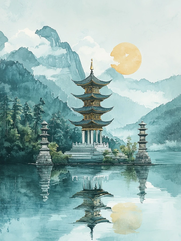 湖中塔影石灯映月