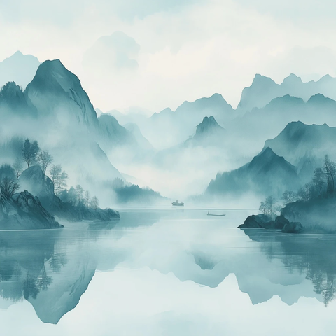 山水薄雾轻舟静水