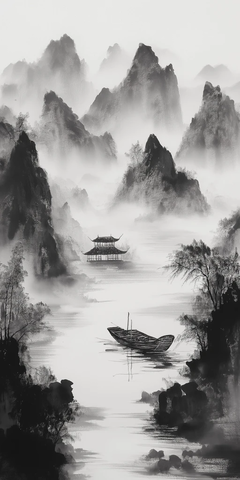 山水木船画传统建筑