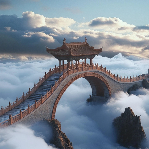 云雾中中式古桥壮观景象