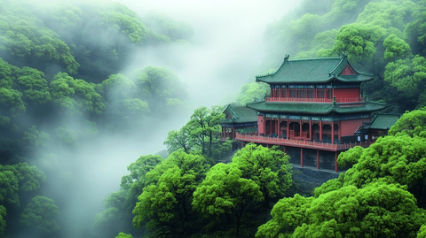 山间绿林中的古式楼阁全景