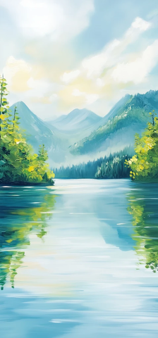 湖面阳光映照山峦