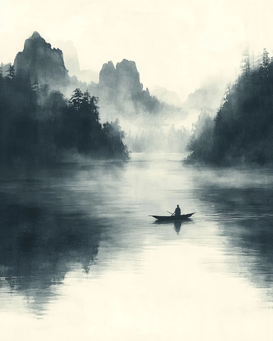 渔船雾中行远山云缭绕