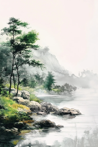 河岸树木岩石水墨画