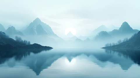 春晨山湖雾气缭绕