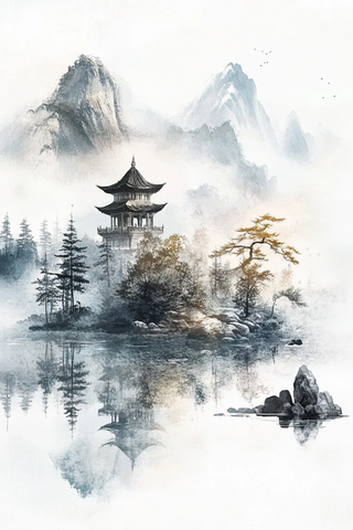 山水湖石古塔倒影