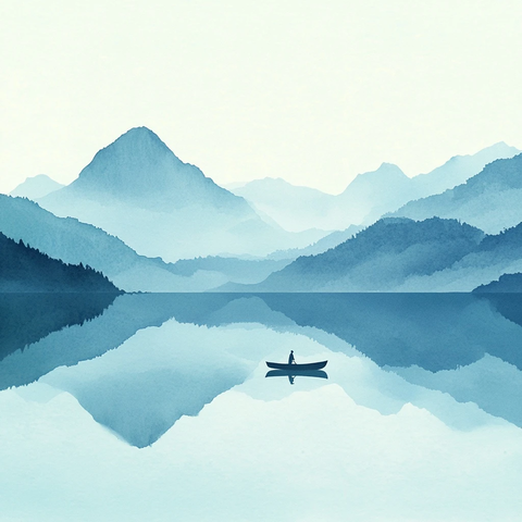 湖中小舟映山影