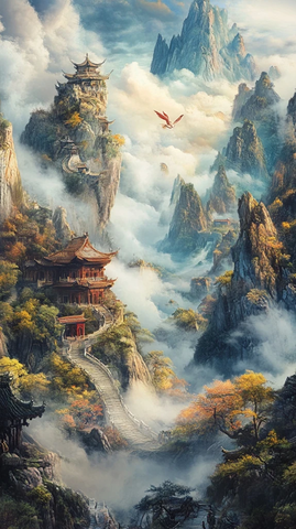 云雾缭绕山间的古式楼阁全景