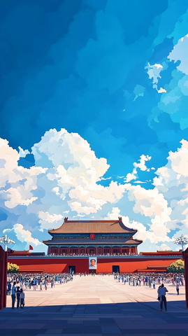 蓝天白云下的宏伟建筑与广场人群