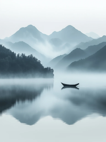 孤舟雾中行山云相映