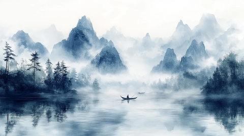 云雾山峰映古松渔舟
