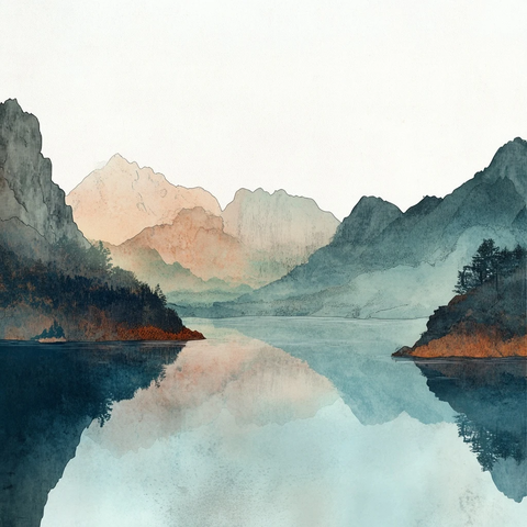 湖水山峦墨彩画