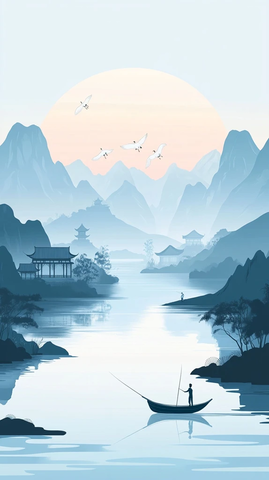 山水画白鹤渔舟夕阳