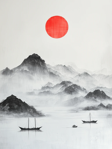 山水小舟红日远峰