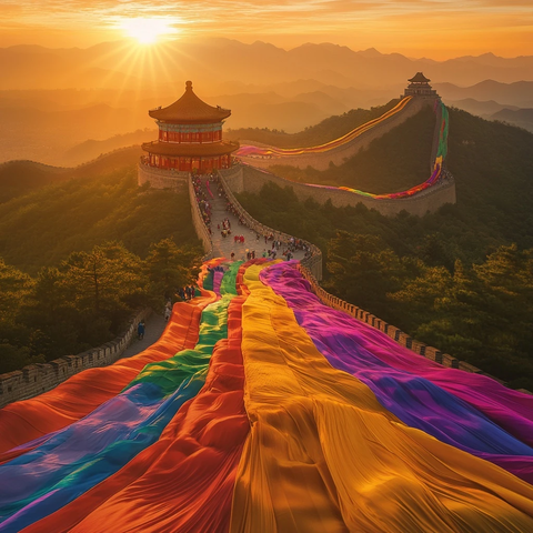 长城上多彩绸带飘扬的壮观景象