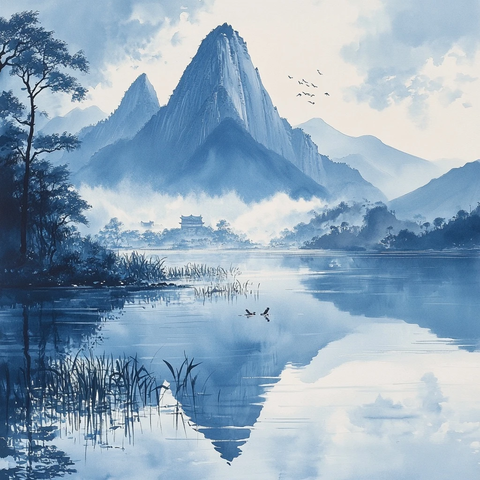 峰影湖光水鸟嬉戏