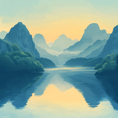 河面远山扁平画风