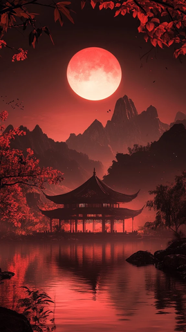 夜间山水红色调景观