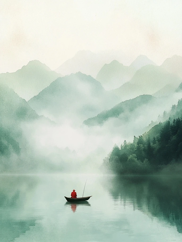 小船老人红衣垂钓图