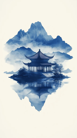 山水墨色云纹楼阁