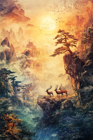 悬崖边松树旁的几只鹿风景图